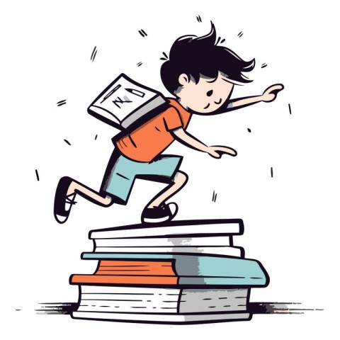 Boy jumping on a stack of books in cartoon style.