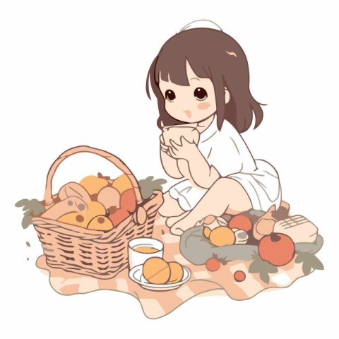 Illustration of a Cute Little Girl Sitting Next to a Basket of F