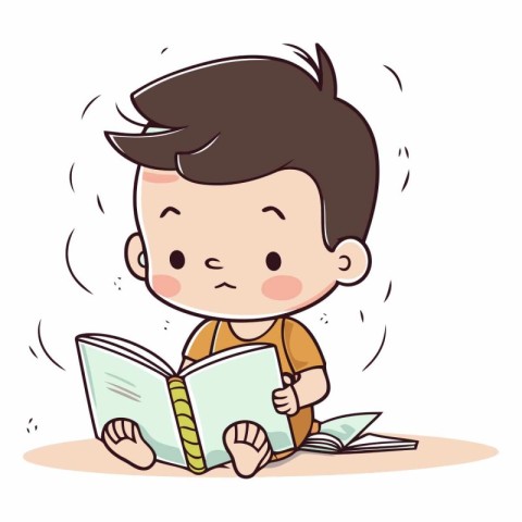 Illustration of a Little Boy Reading a Book While Sitting on the