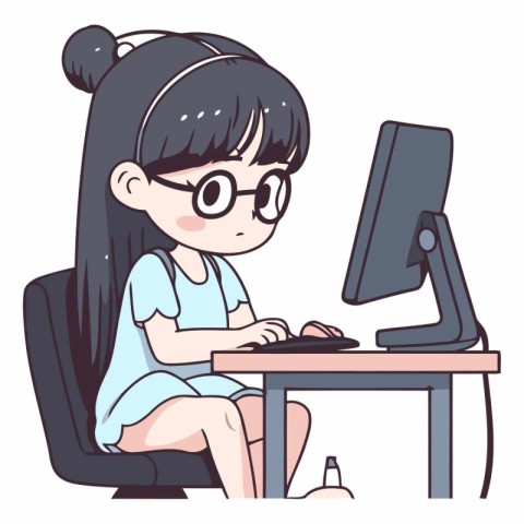 Illustration of a Cute Girl Sitting at Her Desk and Working on a