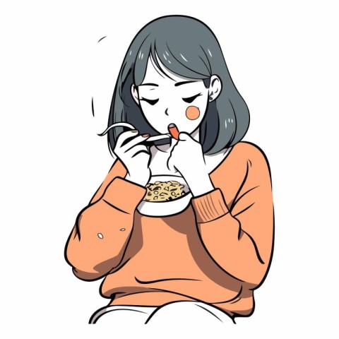 Illustration of a young woman eating a hamburger in a restaurant