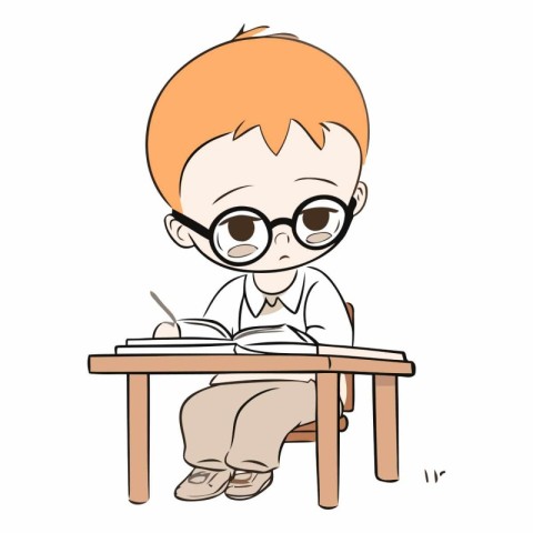 cute little boy with glasses sitting at the table and doing home