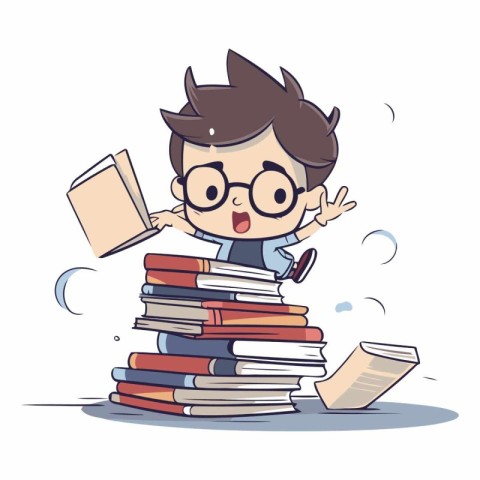 boy in glasses and a pile of books. vector cartoon illustration.