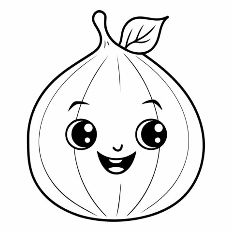 Black and white vector illustration of a cute smiling fig fruit