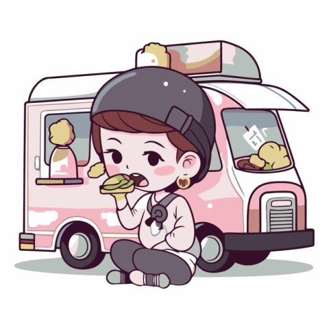 Cute boy eating ice cream in the truck.