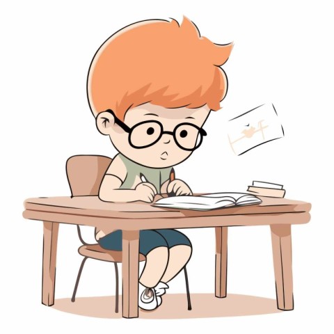 Cute little boy doing his homework in cartoon style.