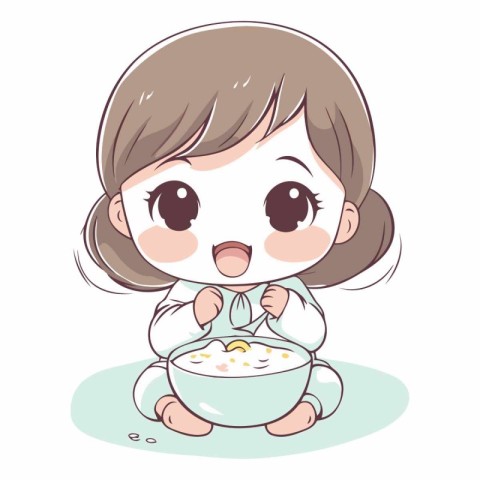 Illustration of a Cute Little Girl Eating a Bowl of Breakfast