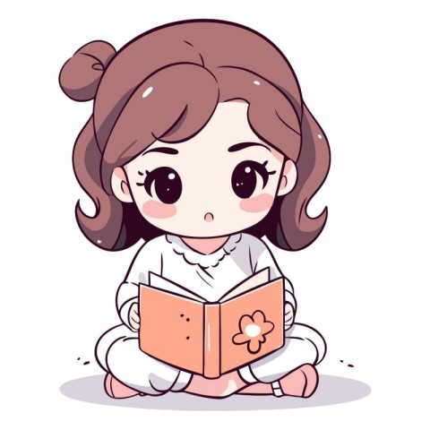 Cute little girl reading a book in cartoon style.