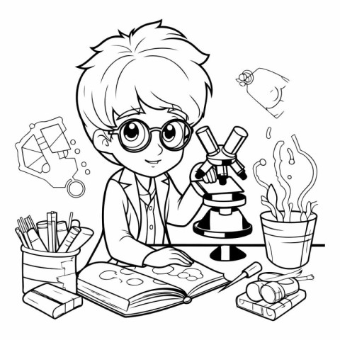 Boy doing science experiments. Black and white vector illustrati