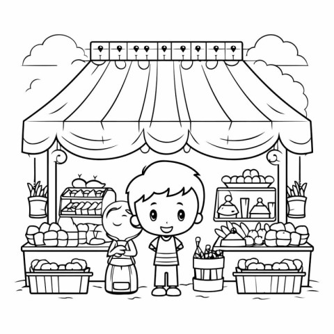 Fruits and vegetables in the market. Black and white vector illu