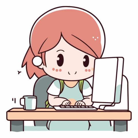 Illustration of a Cute Girl Using a Computer While Sitting at He