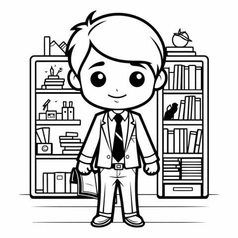 Cute schoolboy standing in front of bookshelf.