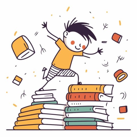 Boy jumping on pile of books in doodle style.