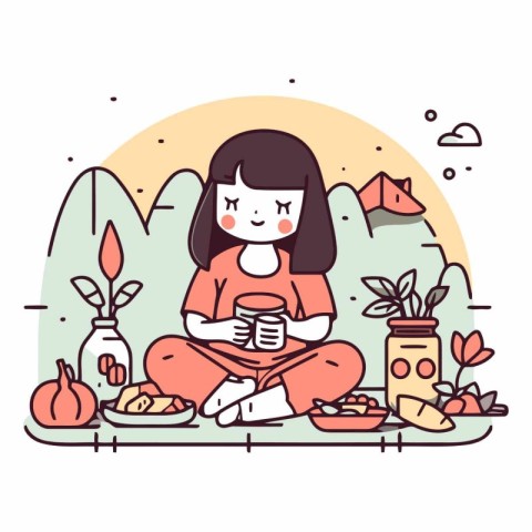 Illustration of a woman sitting at the table and eating healthy