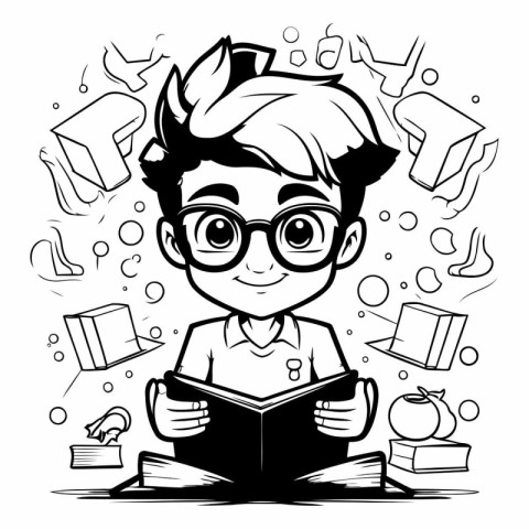 Vector illustration of a boy with glasses reading a book. Black