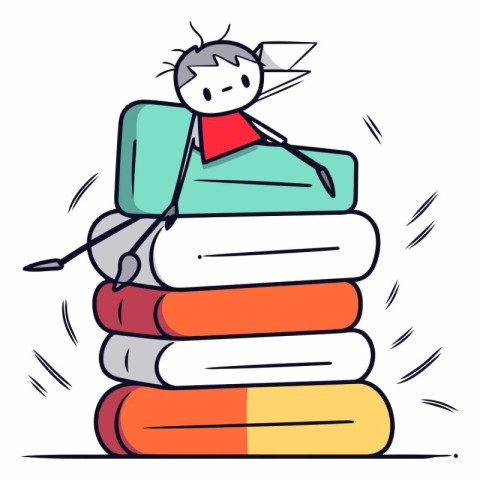 Boy sitting on pile of books in doodle style.