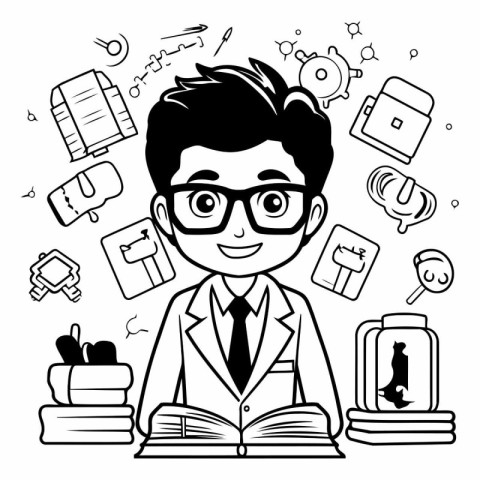 Young teacher with books. Black and white vector illustration fo