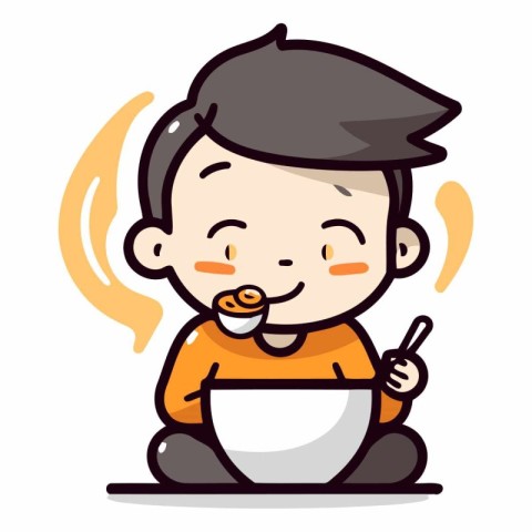 Cute little boy eating noodle. Vector cartoon character illustra