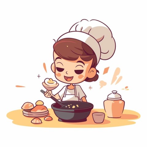 Cute cartoon boy cooking food in the kitchen.