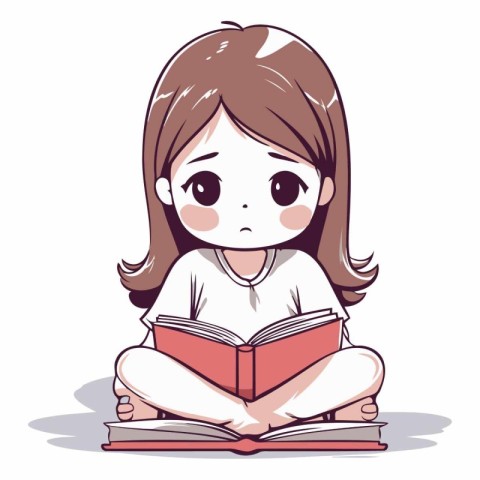 Cute little girl reading a book in cartoon style.