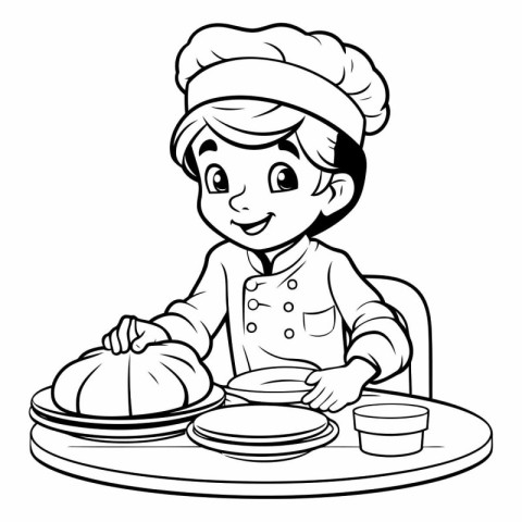 Black and White Cartoon Illustration of Little Boy Chef Characte