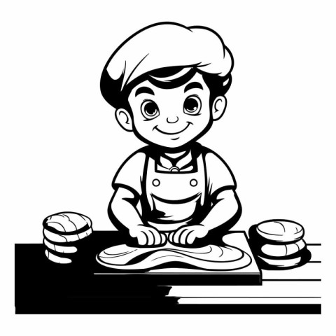 Illustration of a boy cook in black and white cartoon style.