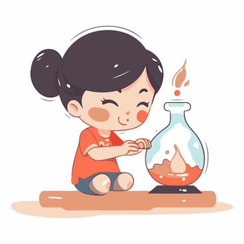 Cute little girl making chemical experiments in cartoon style.