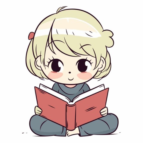 Illustration of a Cute Little Girl Sitting and Reading a Book