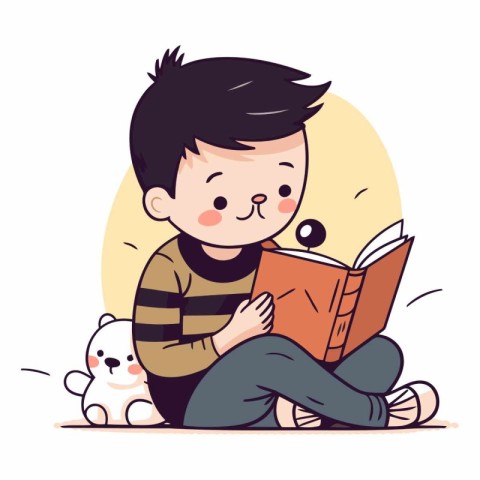 Boy reading a book with cat and dog in cartoon style.