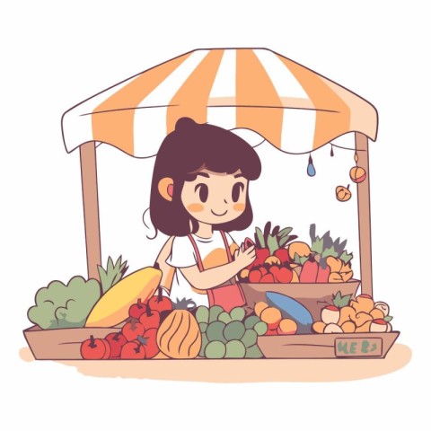 Cute little girl selling fruits and vegetables at market