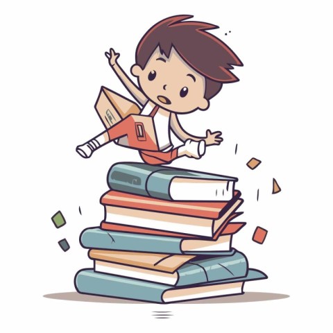 Boy with pile of books in a cartoon style.