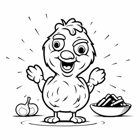 Vector illustration of a cartoon chicken with a bowl of fried po