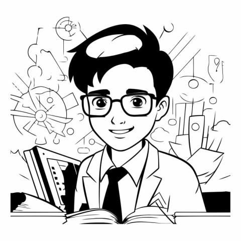 Black and white illustration of a schoolboy with glasses reading