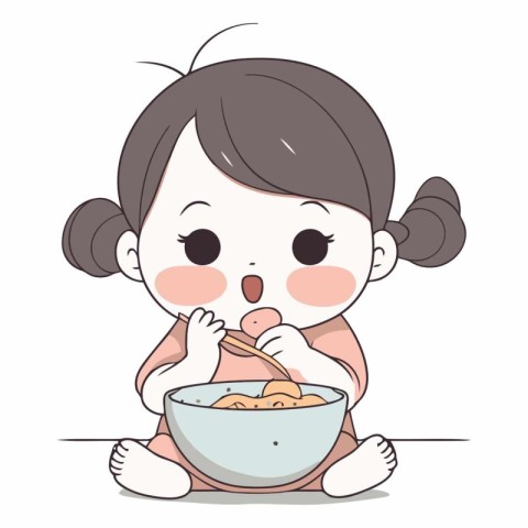 Illustration of a Cute Little Girl Eating a Bowl of Rice