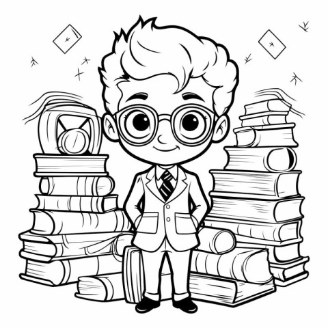 Black and White Cartoon Illustration of Boy Student with Books f