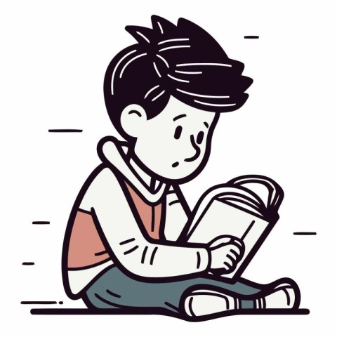 Little boy reading a book in doodle style.