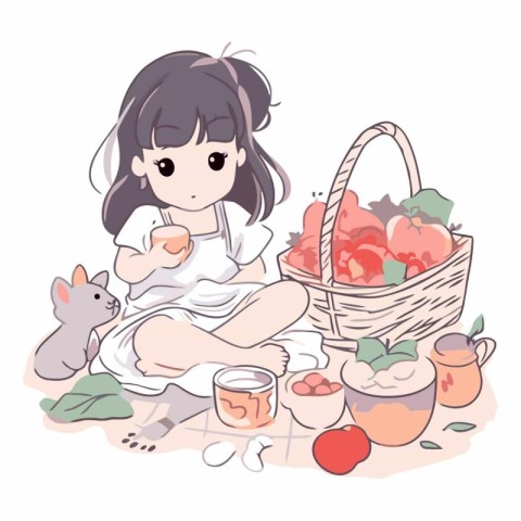 Cute little girl sitting on the floor with a basket of strawberr