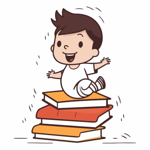 Happy boy sitting on a pile of books. Vector cartoon illustratio