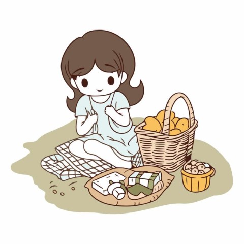 Illustration of a little girl picnicking in the park.