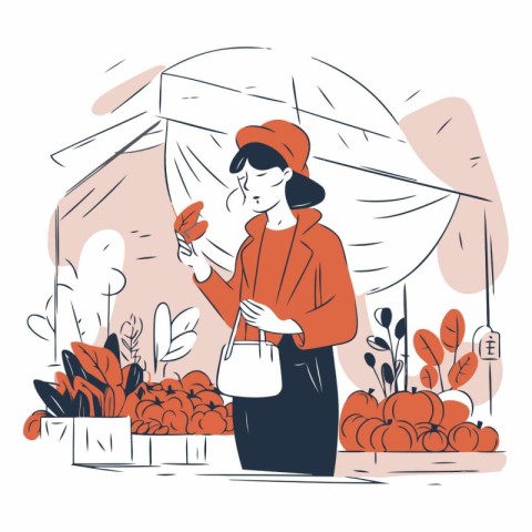 Vector illustration of a woman selling fruits and vegetables in