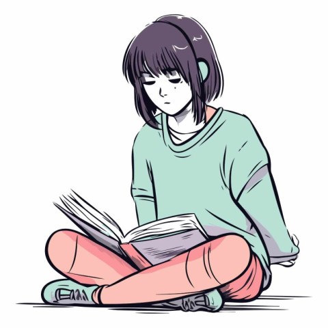 Illustration of a young girl sitting on the floor and reading a