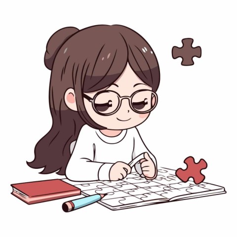 Illustration of a girl doing her homework on a white background.