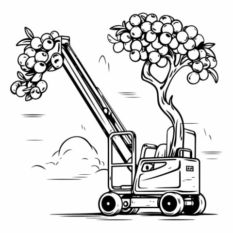 Hand truck with grapes. Black and white vector illustration for