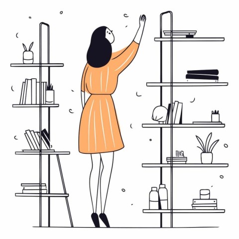 Vector illustration of a young woman standing at the bookshelf.