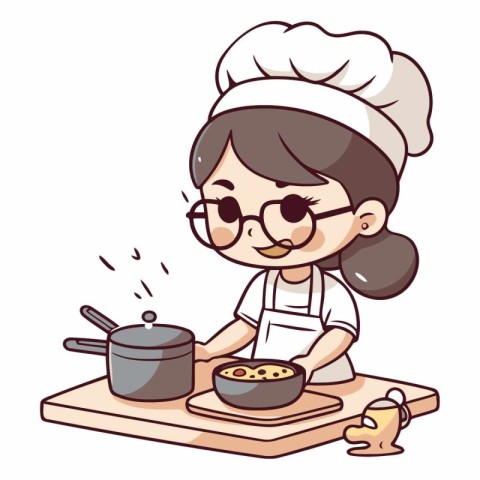 Illustration of a Cartoon Female Chef Cooking in the Kitchen - V