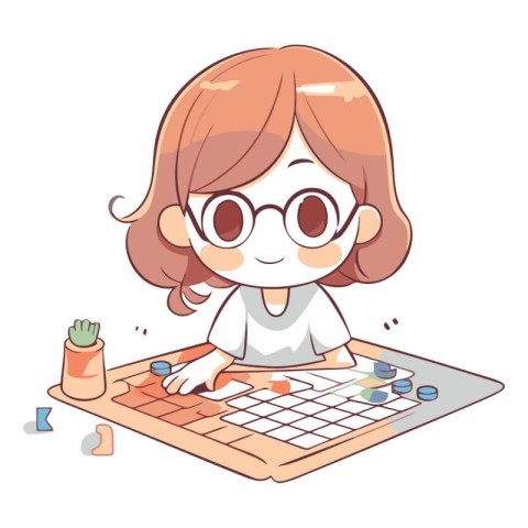 Illustration of a Cute Little Girl Studying with a Calculator