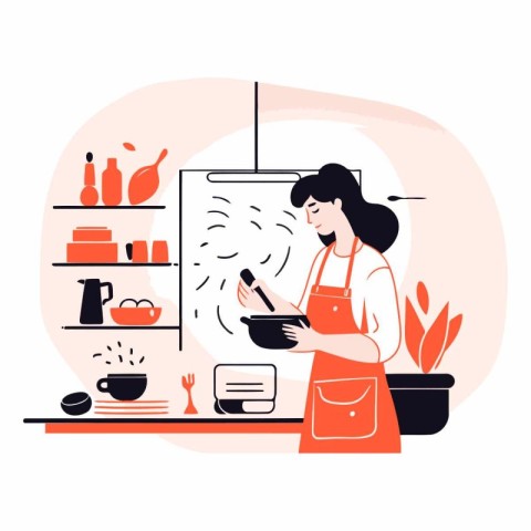 Young woman cooking in the kitchen in a flat style