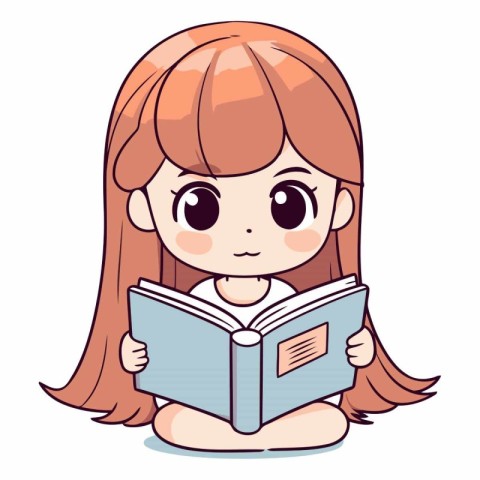 Cute little girl reading a book in cartoon style.