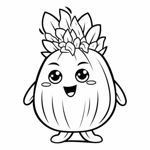 Black And White Cartoon Illustration of Cute Pineapple Fruit Cha