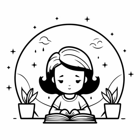 cute little girl reading book in the night vector illustration g